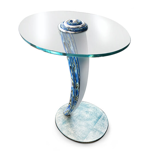 Sergio Villa オプス・１脚サイドテーブル 天然木、メタル、ガラス製 透明＆ブルー斜め