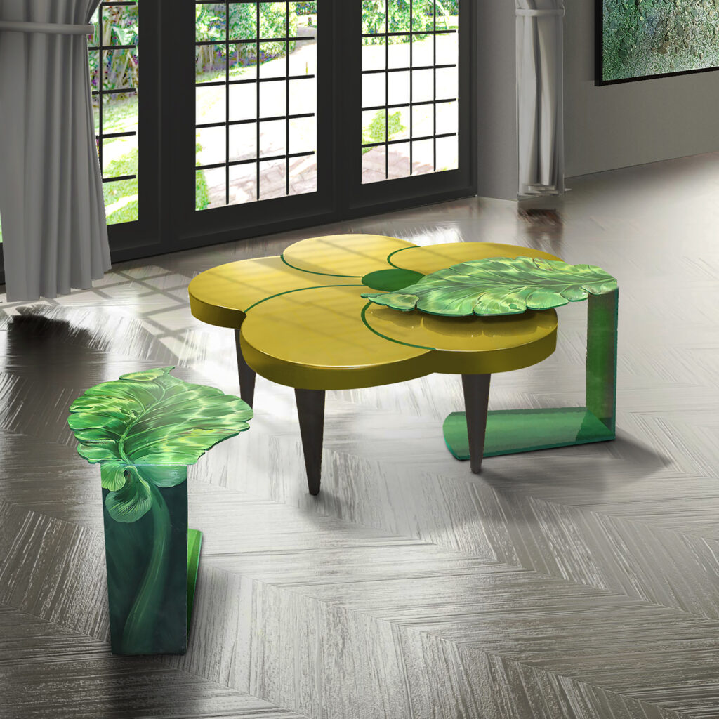 Sergio Villa コーヒーテーブルセット ティアレ ボタニック 黄色の花形の木製センターテーブル＆緑のメタル製サイドテーブル使用例２