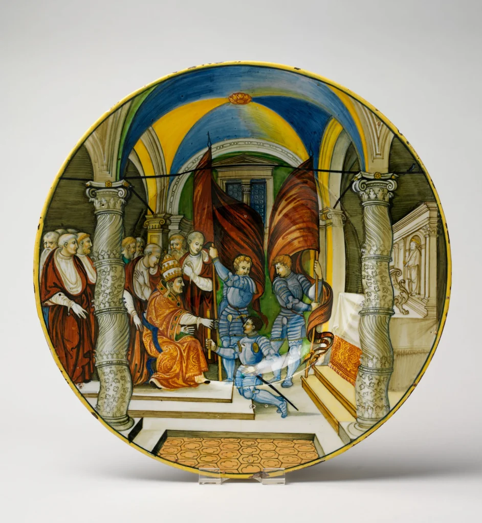 ニコラ・ダ・ウルビーノ作、大皿：1521年、教皇レオ10世がマントヴァ侯爵フェデリーゴ2世ゴンザーガに教会総監督を任命した時の様子、1525～30年、メトロポリタン美術館
